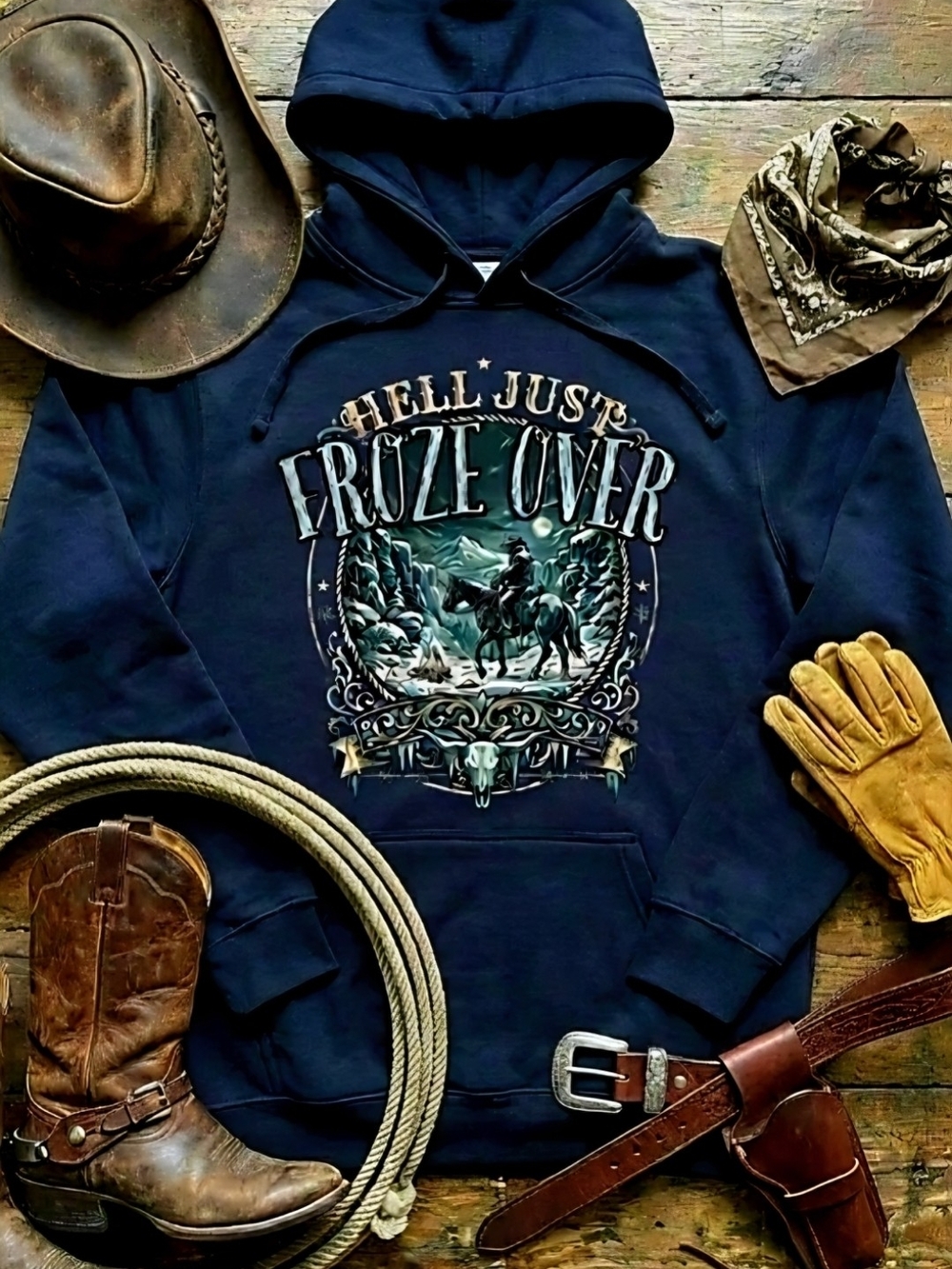Cowboy Country Music Hoodie • Hell Just Froze Over Western Graphic • Rodeo Horse